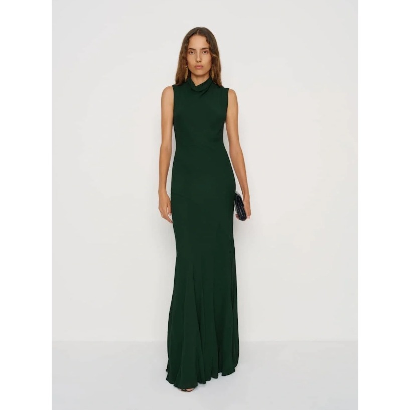 Nwt Reformation Alizee Dress Forest Green Mock Neck Chiffon Maxi Gown Slvless 4